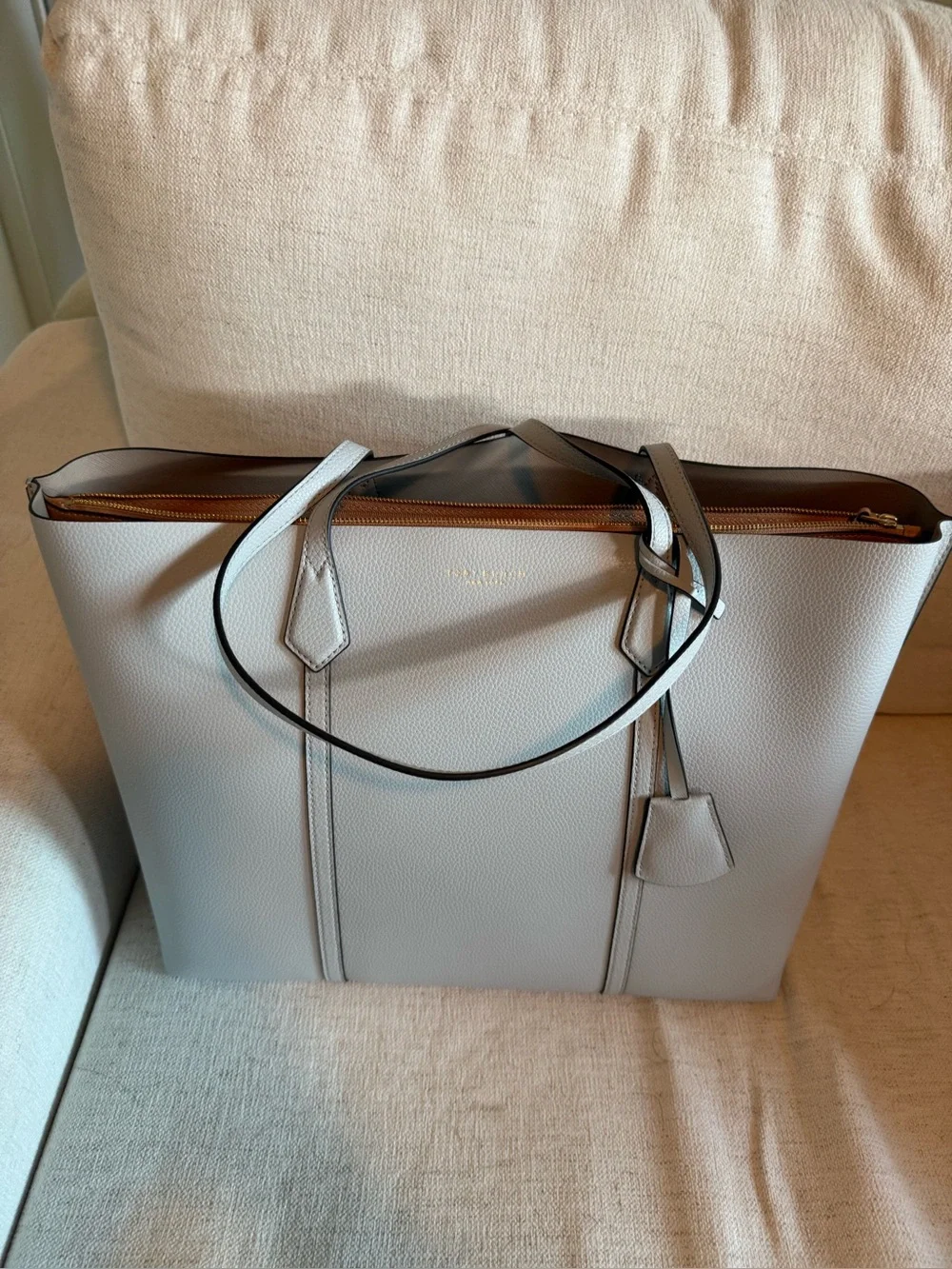 Tory Burch Perry Tote Pebbled Leather Tote in Light Gray with Gold Zipper
